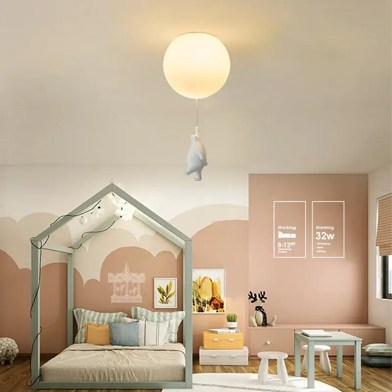 White ceramic cat pendant ceiling light with soft spherical shade and dangling bird pendant for kids bedroom decorbites cartoon bear