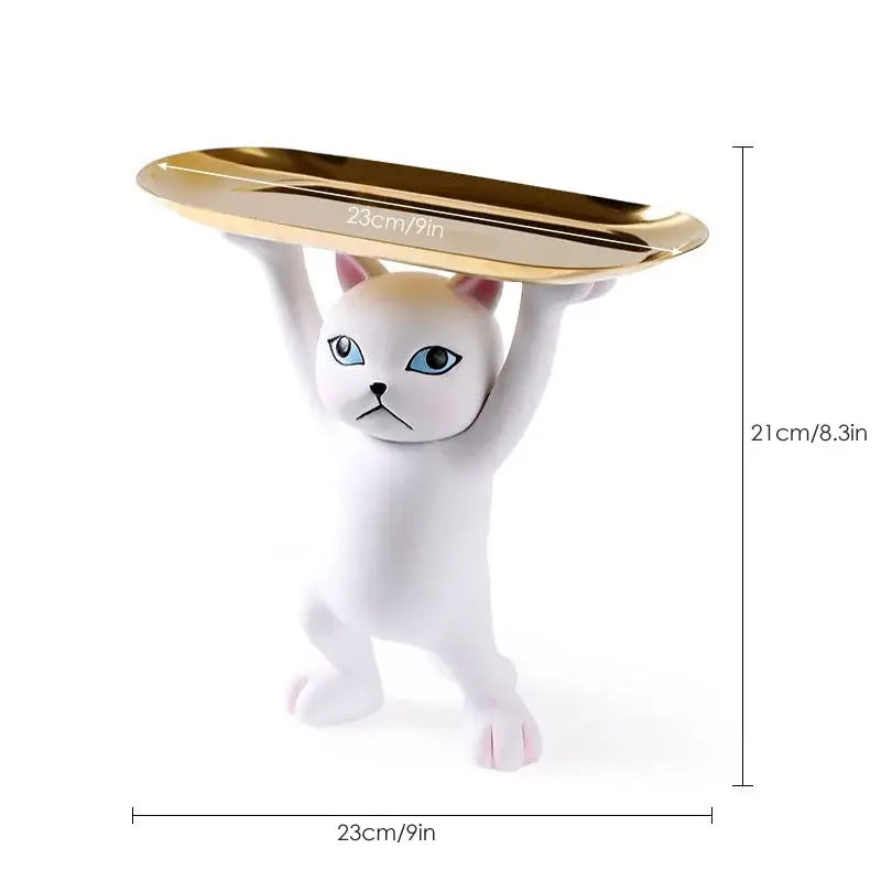 White ceramic cat tray sculpture with blue eyes holding a gold tray for office desk storage accessory