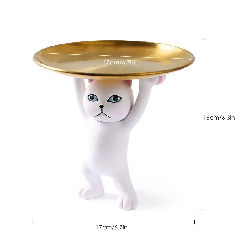 White ceramic cat tray sculpture holding a gold circular tray for office desk storage accessory