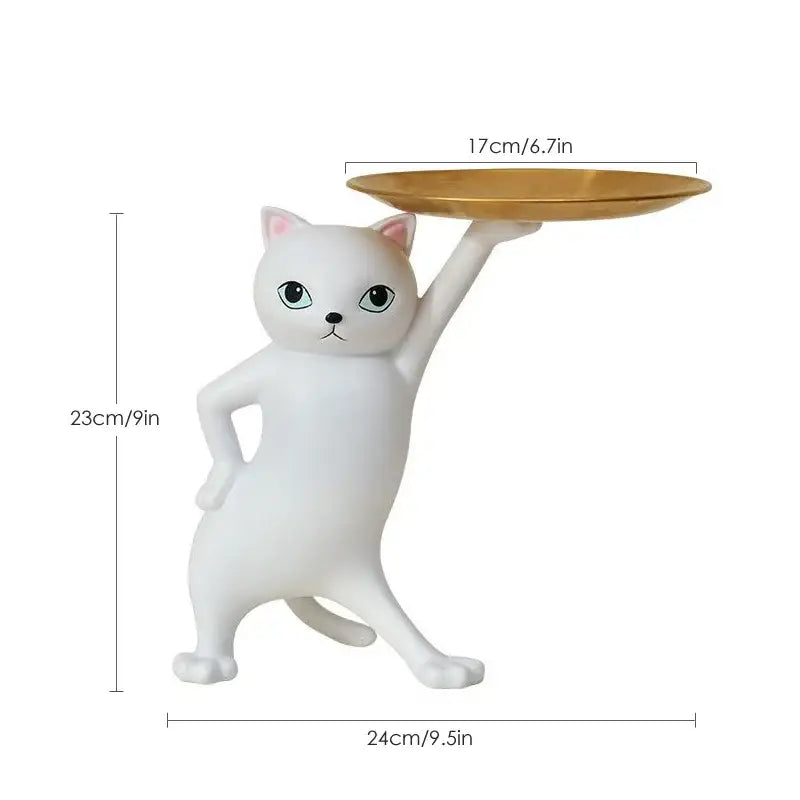 White ceramic cat tray sculpture holding a gold-colored tray office desk storage accessory cat tray sculpture