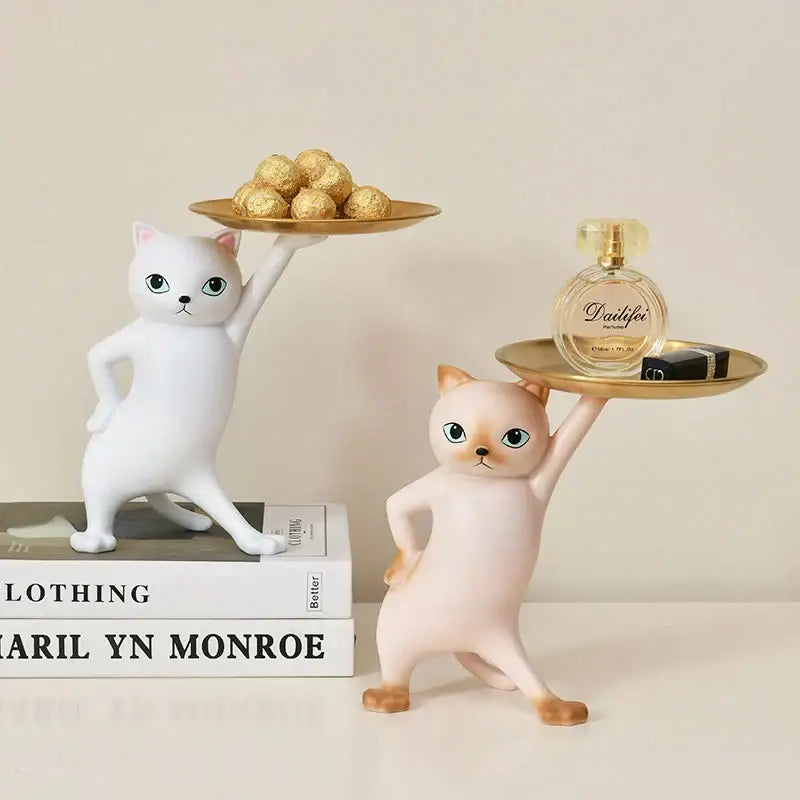 White and beige ceramic cat tray sculpture holding gold trays for office desk storage accessory