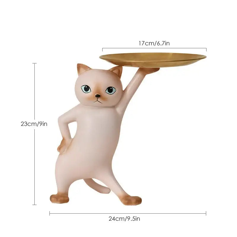 Beige ceramic cat tray sculpture with blue eyes holding a gold-colored tray for office desk storage accessory