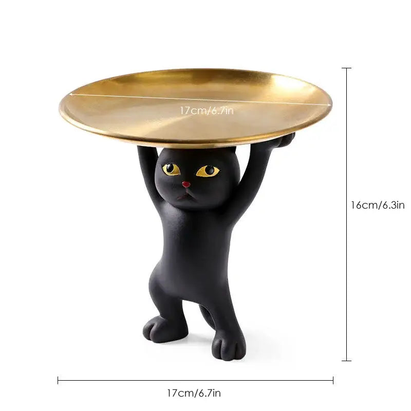 Black cat tray sculpture ceramic figurine holding a golden tray for office desk storage accessory