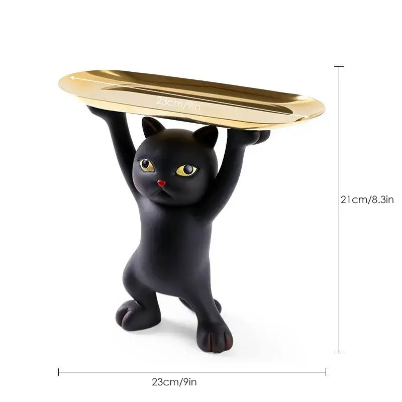 Black ceramic cat tray sculpture holding a gold-colored tray office desk storage accessory