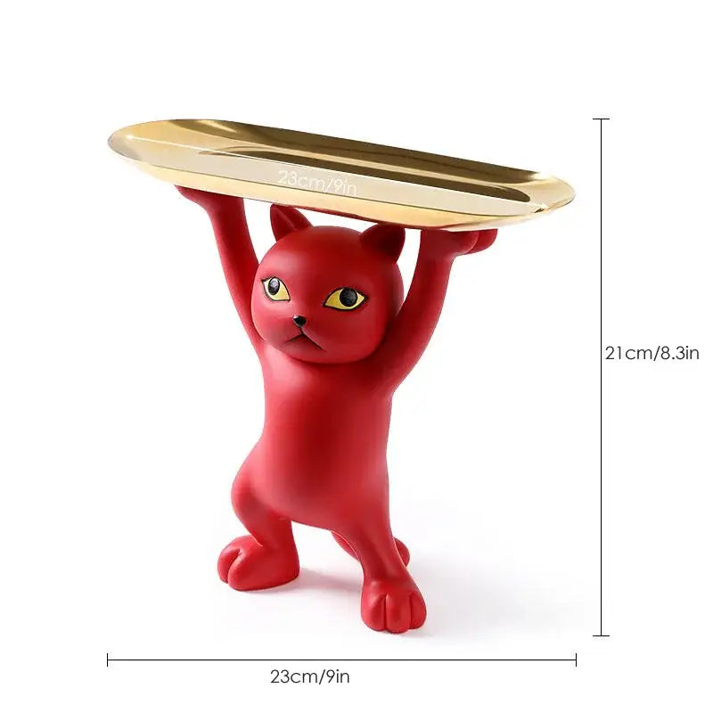 Red ceramic cat tray sculpture holding a gold tray for office desk storage accessory