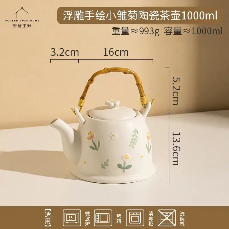 White ceramic daisy teapot set with hand-painted floral motifs and bamboo handle for kitchen tea use