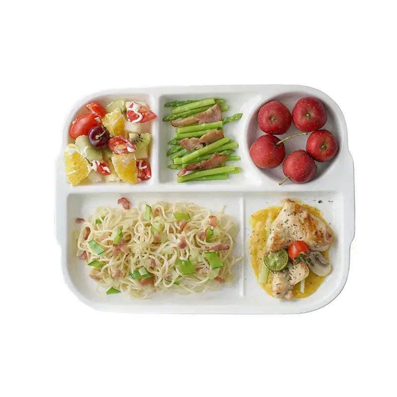 White ceramic decorbites ceramic divided plate with four rounded compartments for organized dining use