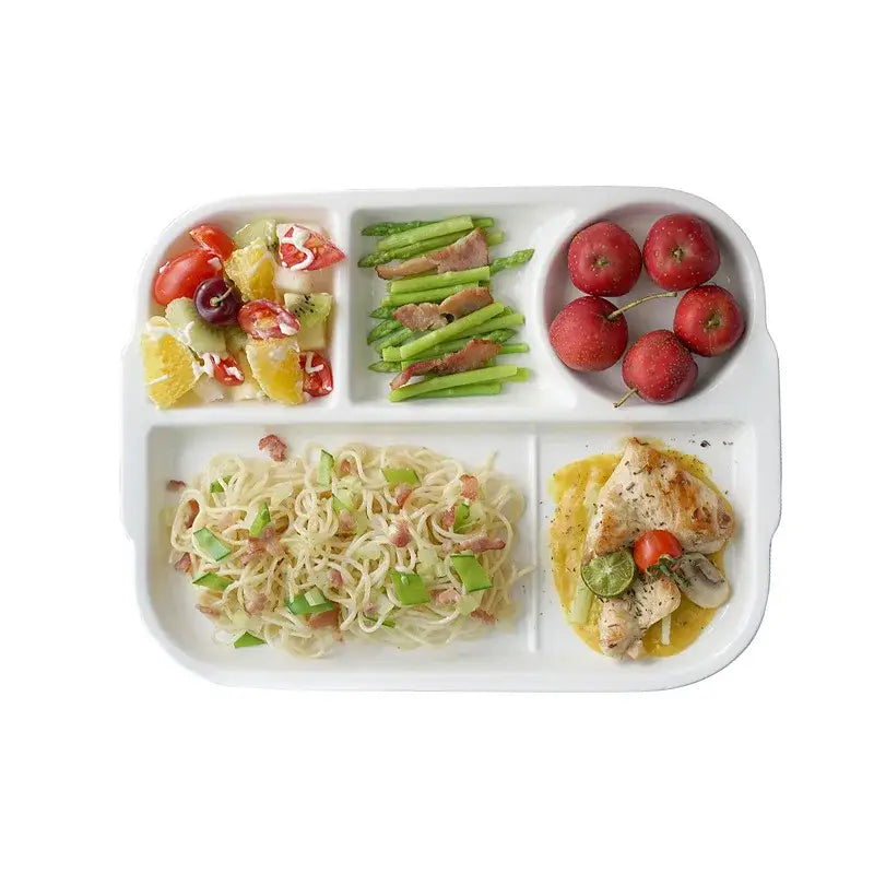 White ceramic decorbites ceramic divided plate with four rounded compartments and slightly raised dividers for dining use