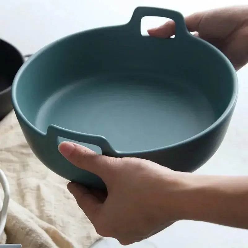 Matte teal decorbites ceramic double handle salad bowl made of ceramic for dining room serving use