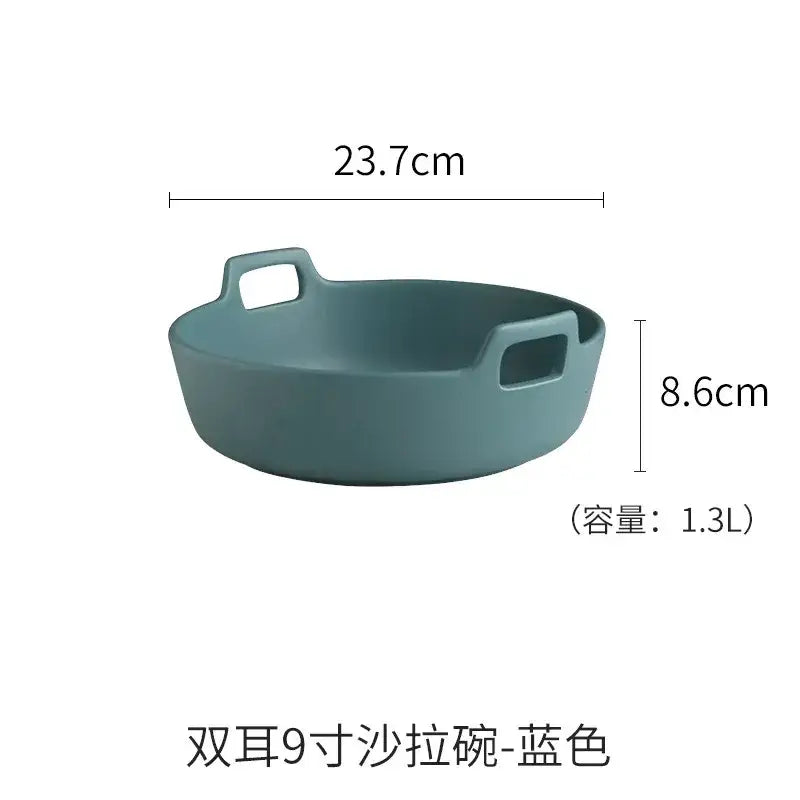 A sleek matte blue ceramic double handle salad bowl with minimalist design from decorbites ceramic double collection