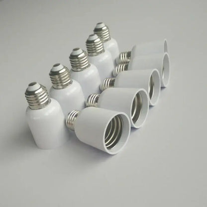 White ceramic e27 to e40 light bulb adapter socket set with metallic screw bases for garage and utility use