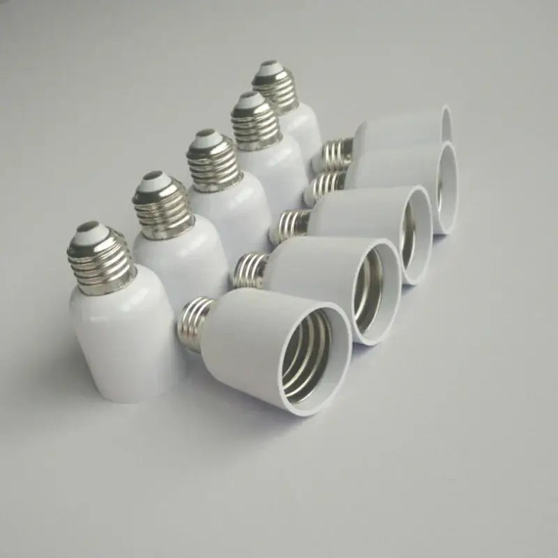 White ceramic e27 to e40 light bulb adapter socket set with metallic screw bases for garage and utility use