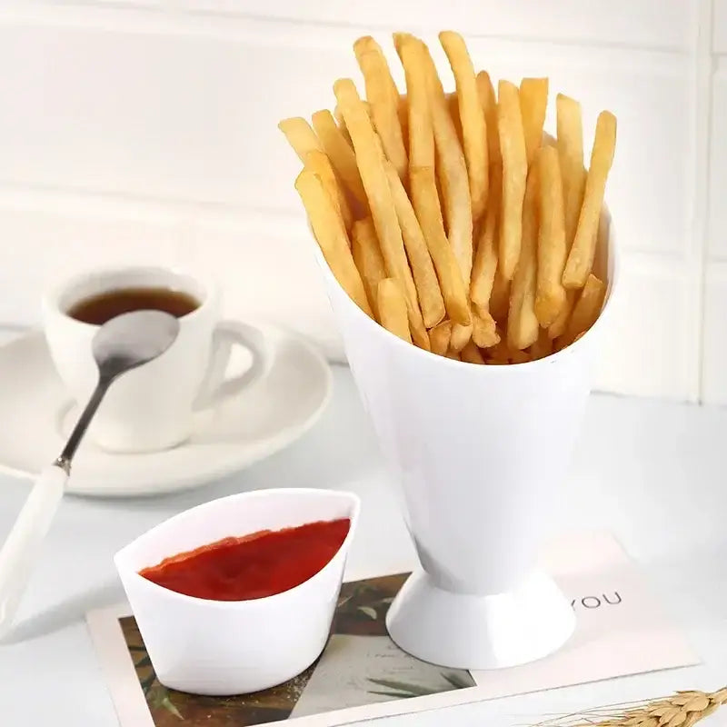 White ceramic french fries holder filled with golden-brown fries designed as a kitchen snack bowl with sauce cup