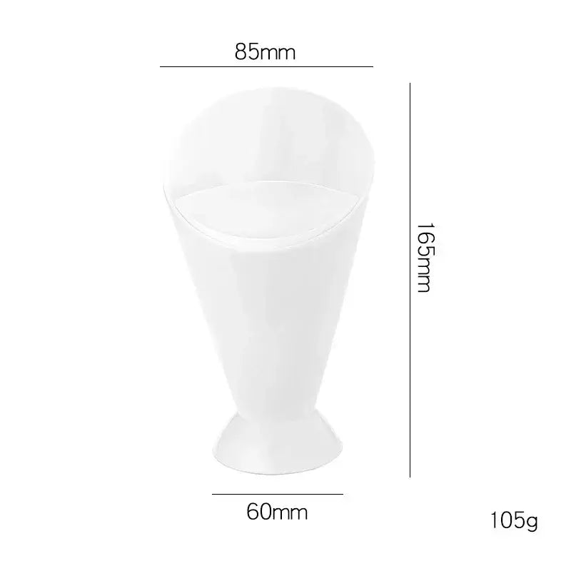 White ceramic french fries holder with a white plastic cone-shaped dessert cup for serving fries and sauce