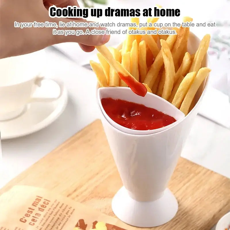 White ceramic french fries holder with integrated sauce cup designed as a fries holder for kitchen snacks