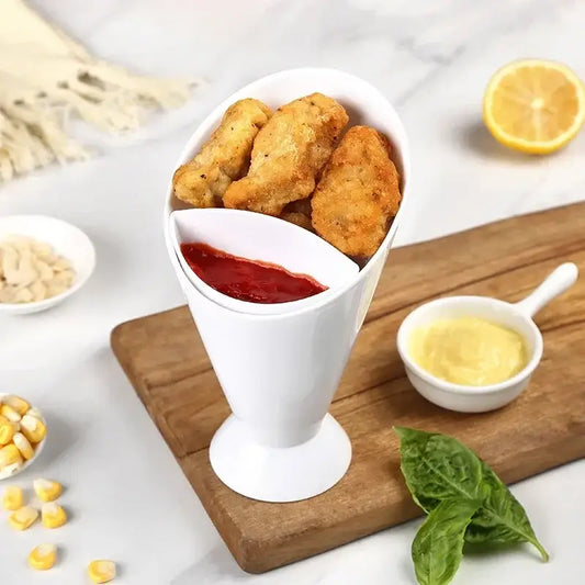 White ceramic french fries holder with built-in sauce cup designed as a chicken wing for snacks and dips