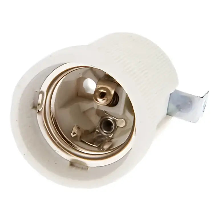 White ceramic lamp holder base with brass prongs and silver metal bracket for bedroom lighting fixture installation