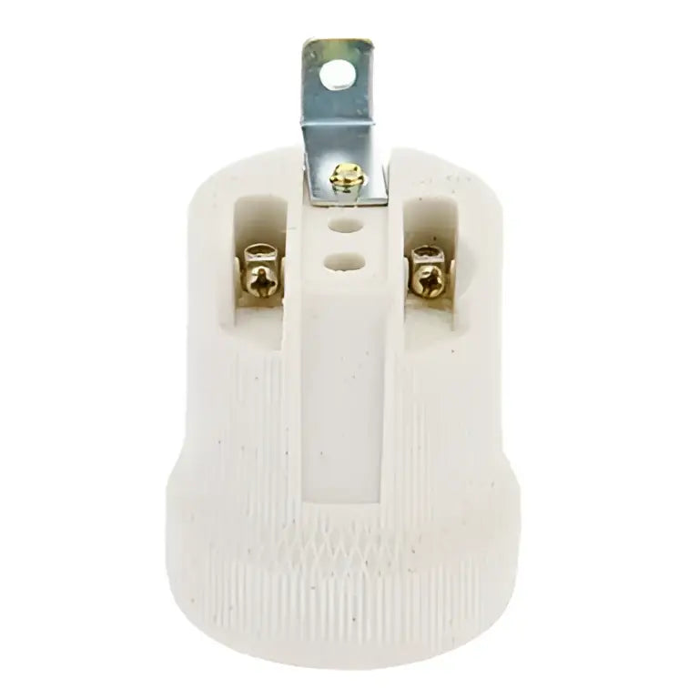 White ceramic lamp holder base with brass prongs and mounting bracket for bedroom lighting applications