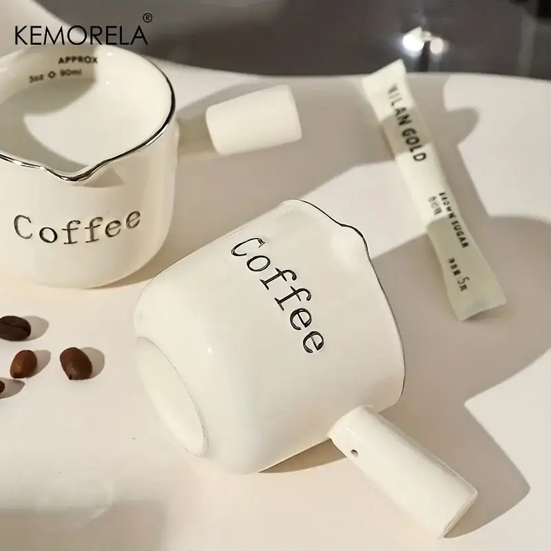 White ceramic measuring cups with silver rim featuring a coffee pitcher design for decorbites ceramic measuring use