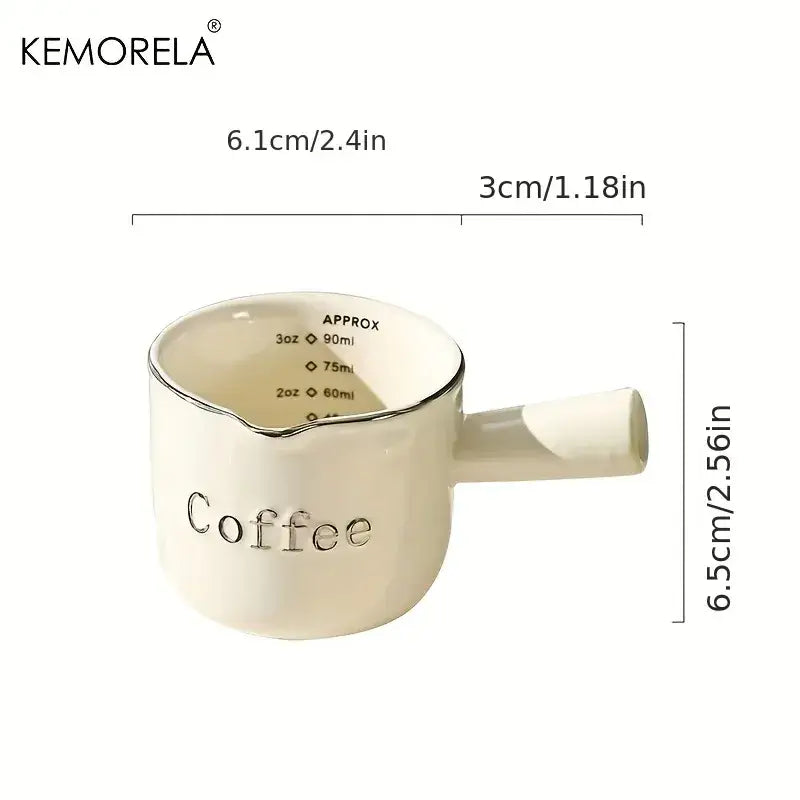 White ceramic measuring cup with silver rim and coffee engraving decorbites ceramic measuring cups for espresso tools