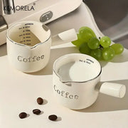 White ceramic measuring cups with silver rim engraved coffee and measurement markings for kitchen espresso use decorbites ceramic measuring