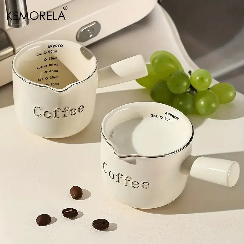 White ceramic measuring cups with silver rim engraved coffee and measurement markings for kitchen espresso use decorbites ceramic measuring