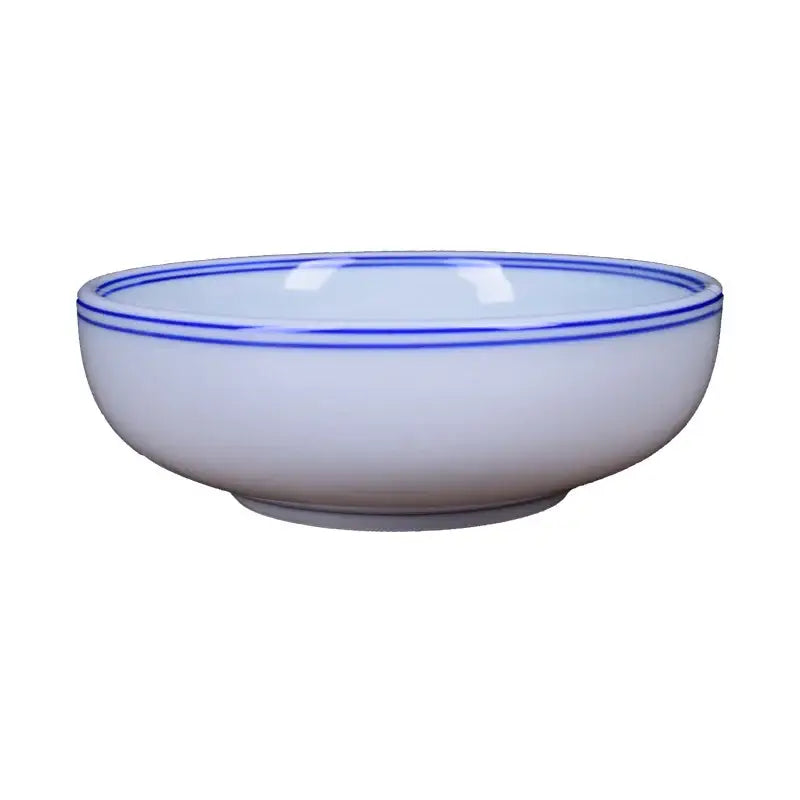 White ceramic noodle bowl with two thin blue rim lines by decorbites ideal for dining tableware use