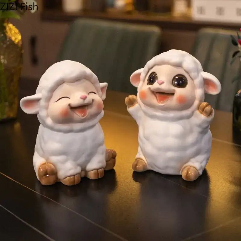 White ceramic sheep savings jar piggy bank with expressive faces and brown hooves for family bedroom decor
