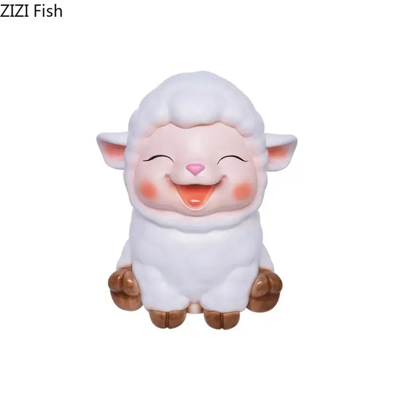 White ceramic sheep savings jar piggy bank with pink cheeks and brown hooves for family bedroom decor