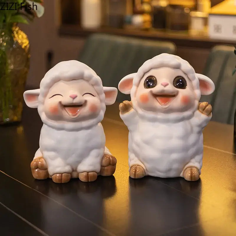 White ceramic sheep savings jar piggy bank with fluffy wool and smiling faces for family bedroom decor