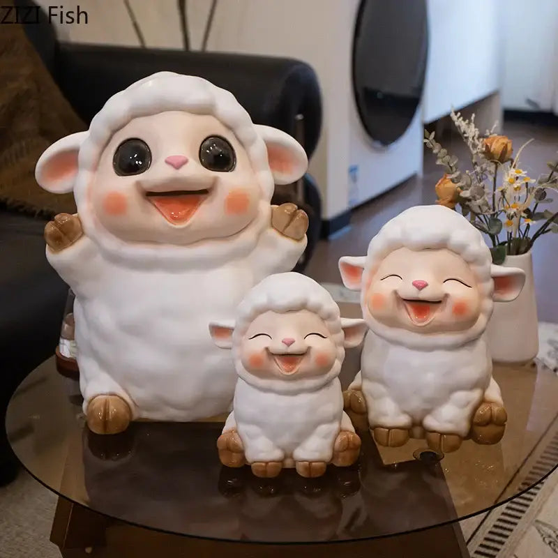 White ceramic sheep savings jar piggy bank family set with brown hooves and pink noses for bedroom decor