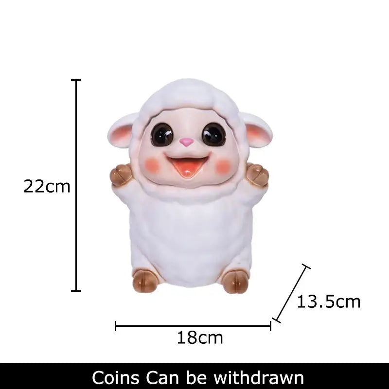 White ceramic sheep savings jar piggy bank with pink cheeks and black eyes designed to hold coins for family decor