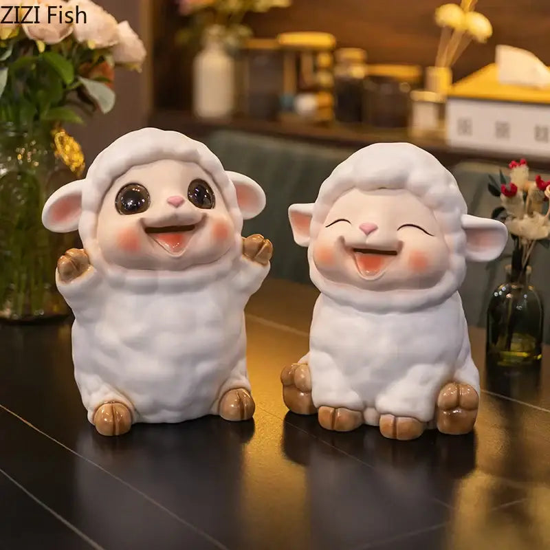 Two white ceramic sheep savings jar piggy bank with fluffy wool and smiling faces for family bedroom decor