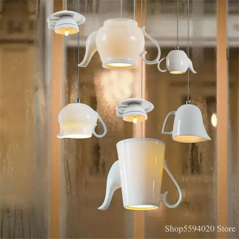 White ceramic teapot and mug pendant lights with warm glowing interiors decorbites ceramic led for kitchen dining room decor