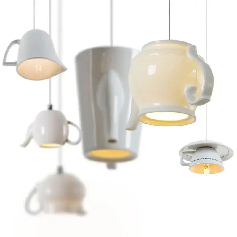 White ceramic teapot pendant lights with warm yellow interiors for kitchen decorbites ceramic led pendant lighting