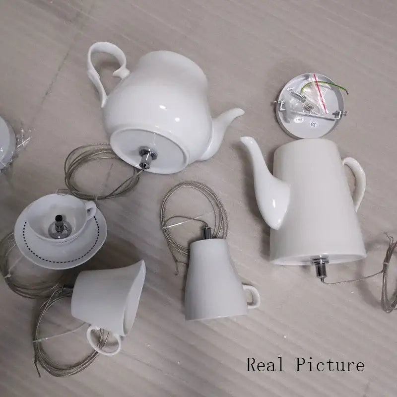 White ceramic teapot ceramic led pendant light with metallic stem for kitchen warm glow decorbites pendant lights