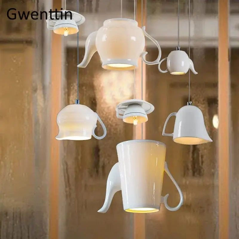 White ceramic teapot ceramic led pendant lights and mug-shaped decorbites ceramic led pendant with warm glow interior