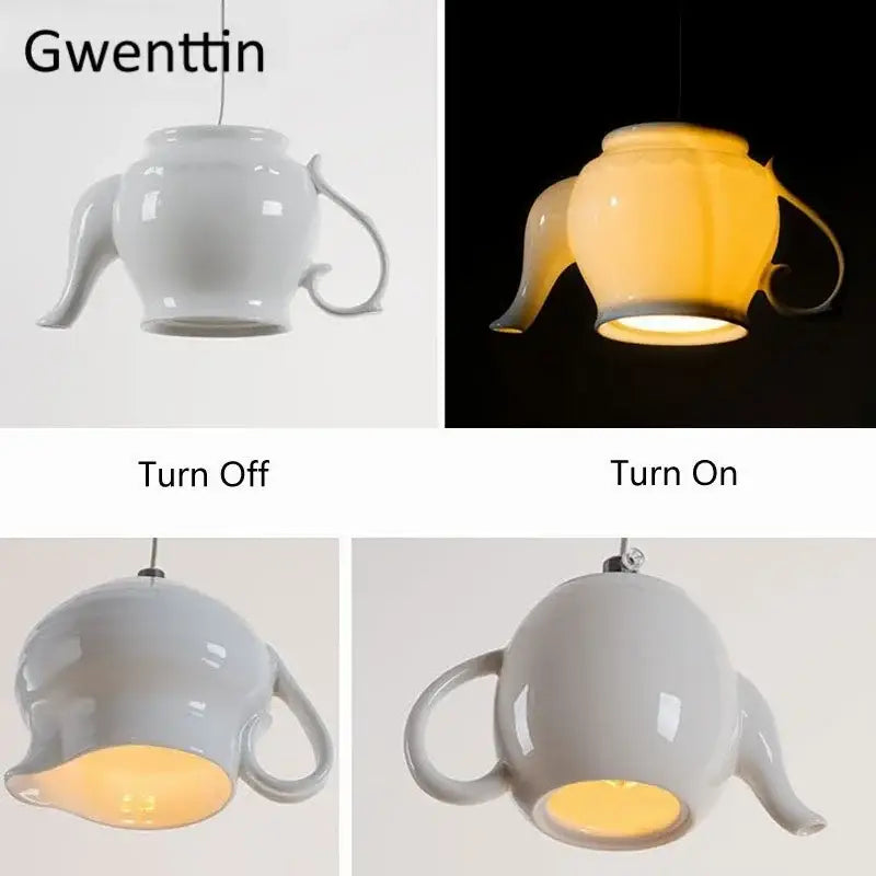 White ceramic teapot led pendant lights with warm yellow glow by decorbites ceramic led pendant for kitchen decor