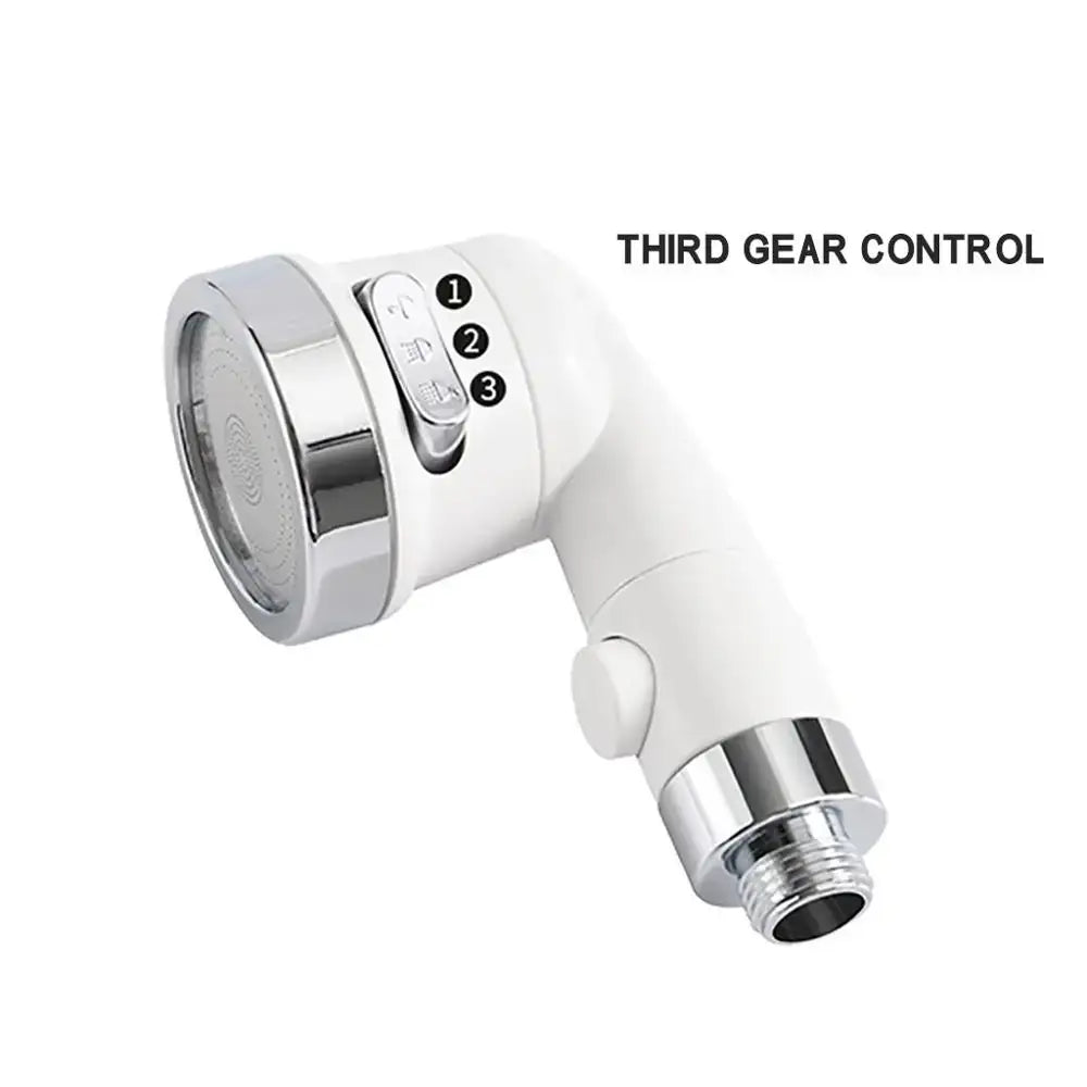 White and chrome handheld shower nozzle with hose featuring a third gear control dial for bathroom use