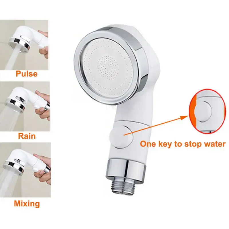 White and chrome handheld shower nozzle with pulse rain and mixing spray modes and hose for bathroom use