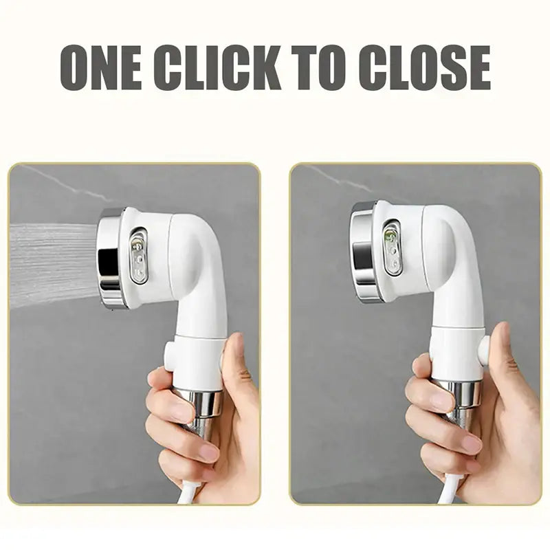White and chrome handheld shower nozzle with hose featuring a one-click close mechanism for bathroom use