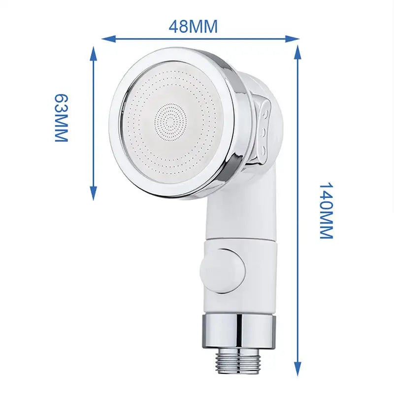 White and chrome handheld shower nozzle with circular spray face and adjustable flow for bathroom use