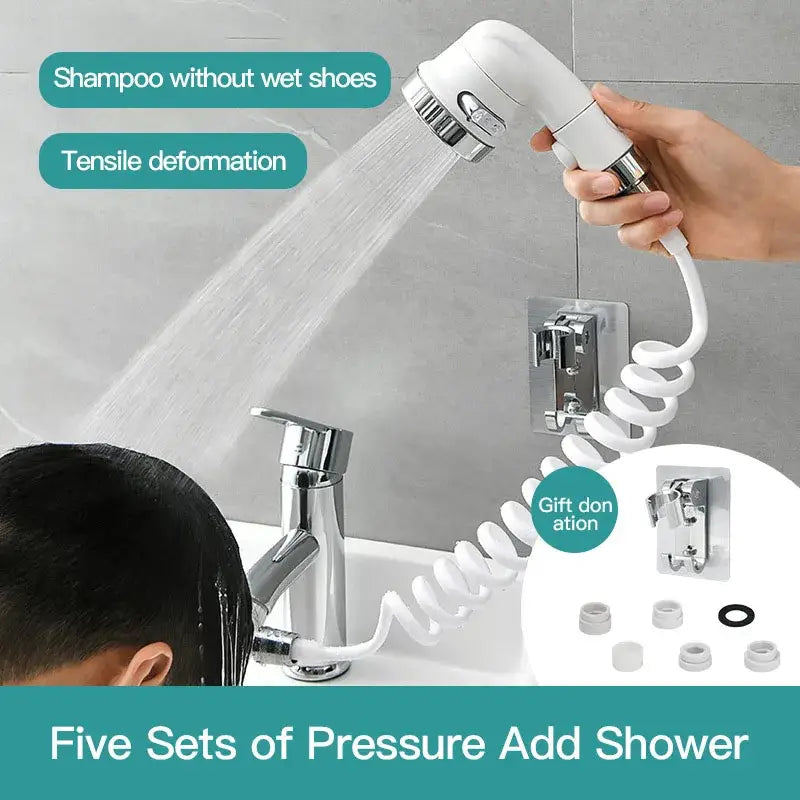 White handheld shower nozzle with chrome accents and flexible hose designed for easy attachment to standard faucets