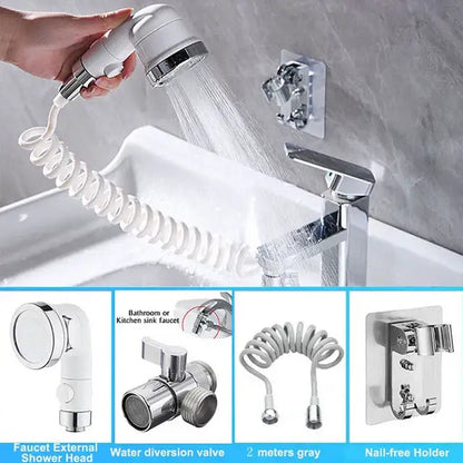 White and chrome handheld shower nozzle with coiled hose designed for flexible faucet attachment in bathroom use