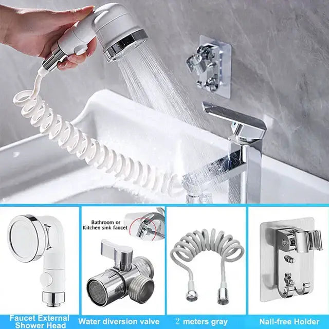 White and chrome handheld shower nozzle with coiled hose designed for flexible faucet attachment in bathroom use