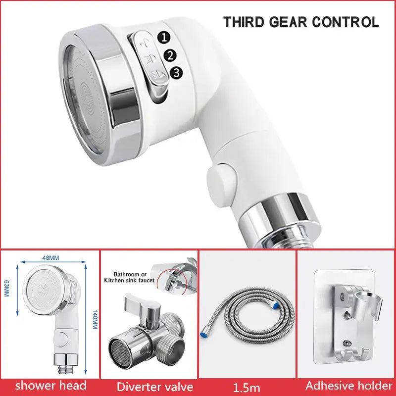 White and chrome handheld shower nozzle with third gear control and hose for bathroom or kitchen use