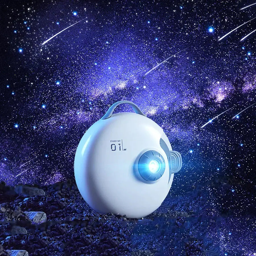 White spherical portable night light with glowing blue light decorbites galaxy starry projector for bedroom use