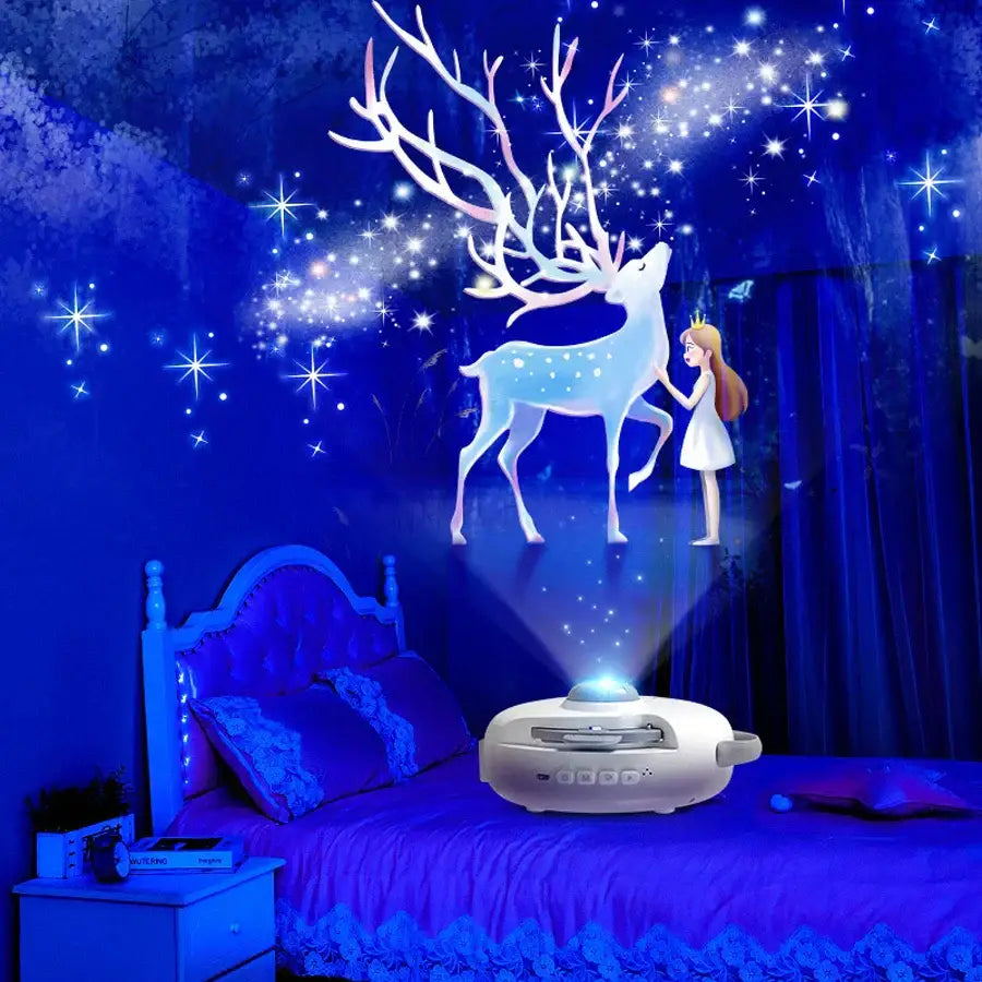 White circular decorbites galaxy starry projector night light casting blue starry deer projection on bed