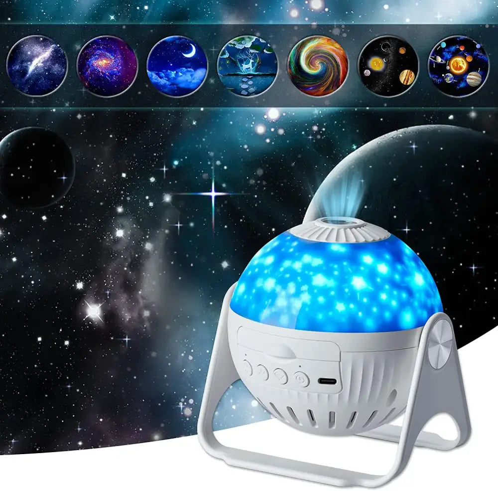 White circular star projector night light with glowing blue starry sky and cosmic decorbites galaxy star scenes