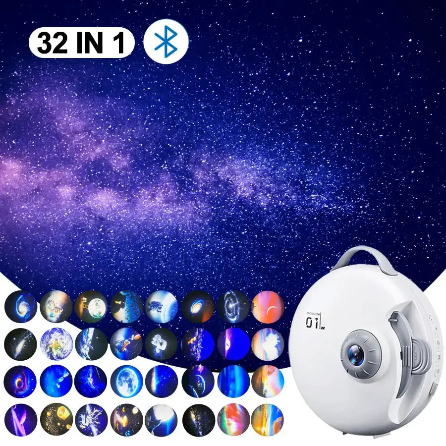 White circular bluetooth star projector with handle projecting 32 cosmic scenes for bedroom night light decorbites galaxy star